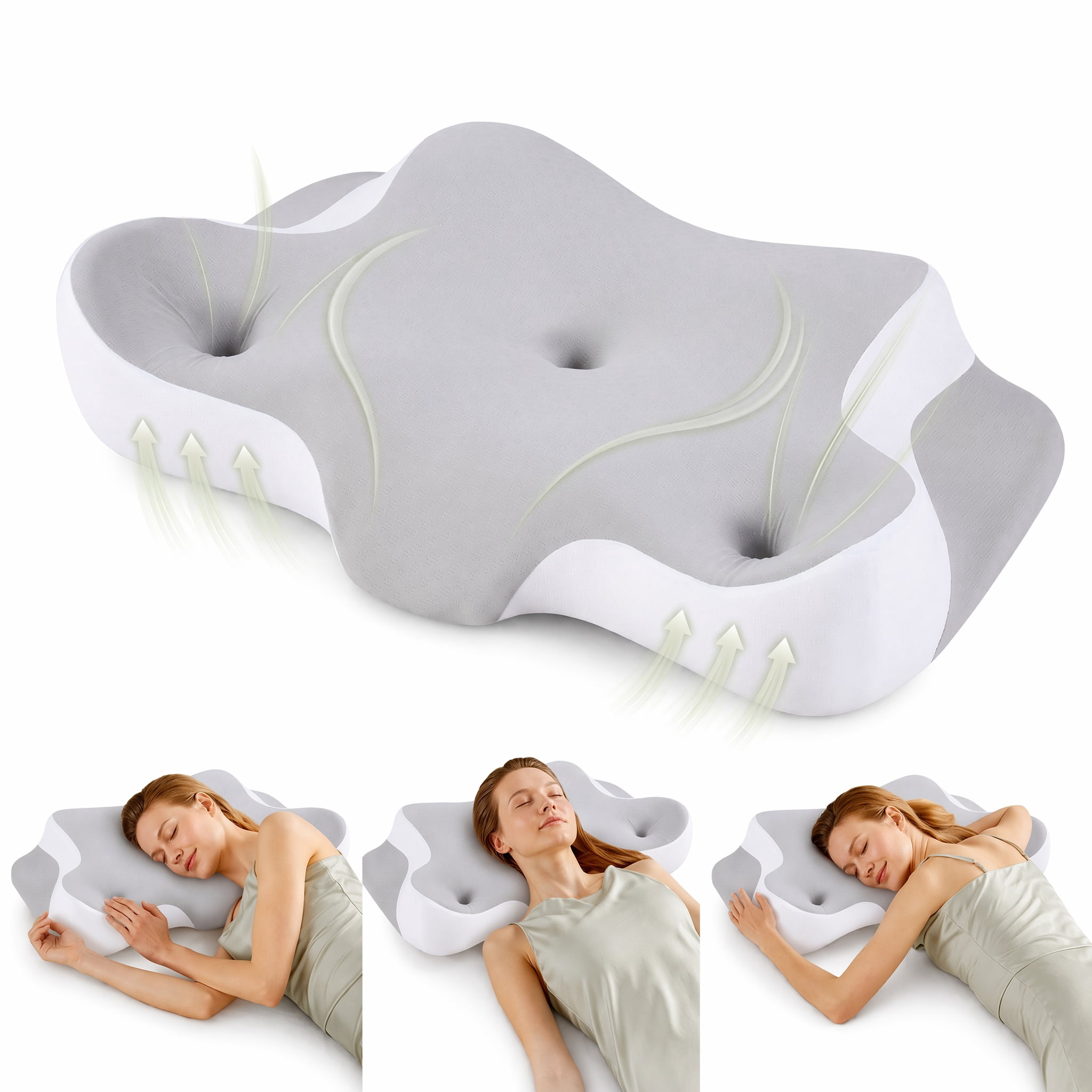 EDX 24 x 16 inch Cervical Ergonomic Pillow - Memory Foam Neck Pain Relief for Side/Back/Stomach Sleepers, Grey