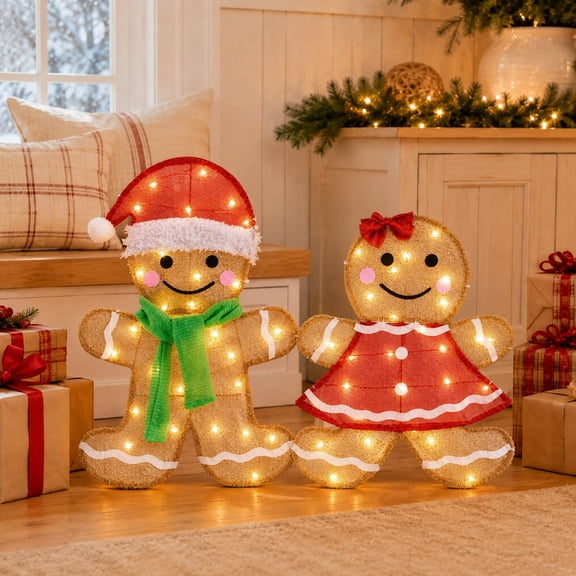 EDX Christmas Outdoor Decorations, Set of 2 Pre-Lit LED Gingerbread Man Christmas Yard Figures, Lighted Holiday Decorations for Lawn, Garden and Home Display