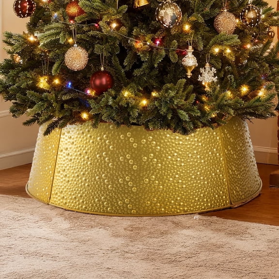 EDX Hammered Metal Christmas Tree Collar, Pet‑Safe & Waterproof Tree Base Cover for Holiday Decor, Durable Steel Collar, gold tree collar