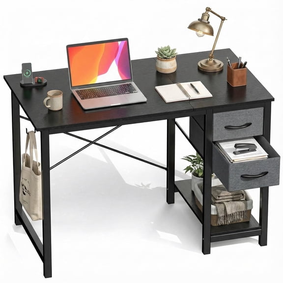 EDX Computer Desk with 2 Drawers 40 Inch PC Table Study Writing Desk with Storage Shelf Headphone Hook, Simple Style Small Desk for Home, Black Grain