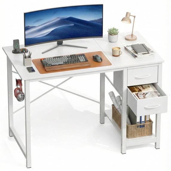 edx Office Desk with 2 Fabric Drawers & Headphone Hook, 40” PC Table Writing Desk with Storage Shelf, Computer Workstation for Bedroom Study,White