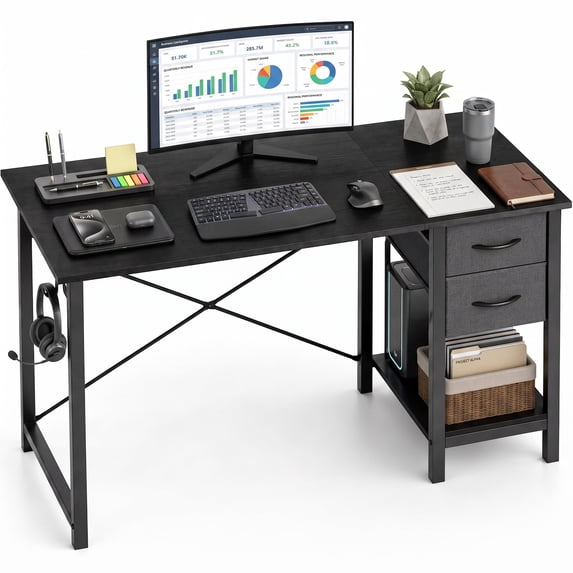 EDX Computer Desk with 2 Drawers 47 Inch PC Table Study Writing Desk with Storage Shelf Headphone Hook, Simple Style Small Desk for Home, Black Grain