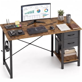 EDX Computer Desk with 2 Drawers 47 Inch PC Table Study Writing Desk with Storage Shelf Headphone Hook, Simple Style Small Desk for Home, Rust