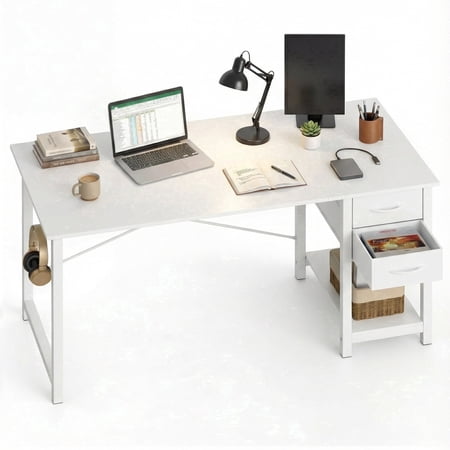 edx Computer Desk with 2 Drawers 47 Inch PC Table Study Writing Desk with Storage Shelf Headphone Hook, Simple Style Small Desk for Home, White
