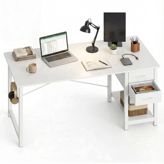 edx Computer Desk with 2 Drawers 47 Inch PC Table Study Writing Desk with Storage Shelf Headphone Hook, Simple Style Small Desk for Home, White