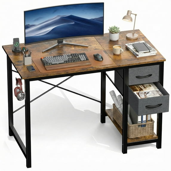 edx Computer Desk with Drawer 40 Inch PC Table Study Desk with 2-Tier Drawers Storage Shelf Headphone Hook, Modern Simple Style Laptop Desk for Bedroom, Rust
