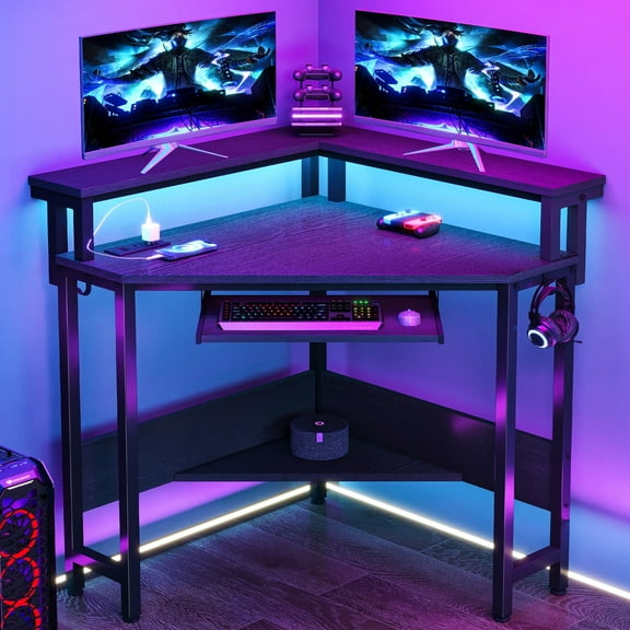 EDX Corner Office Gaming Desk 31 Inches L-Shaped Computer Desk with Charging Hub & Ergonomic Stand for Small Spaces, Carbon Black