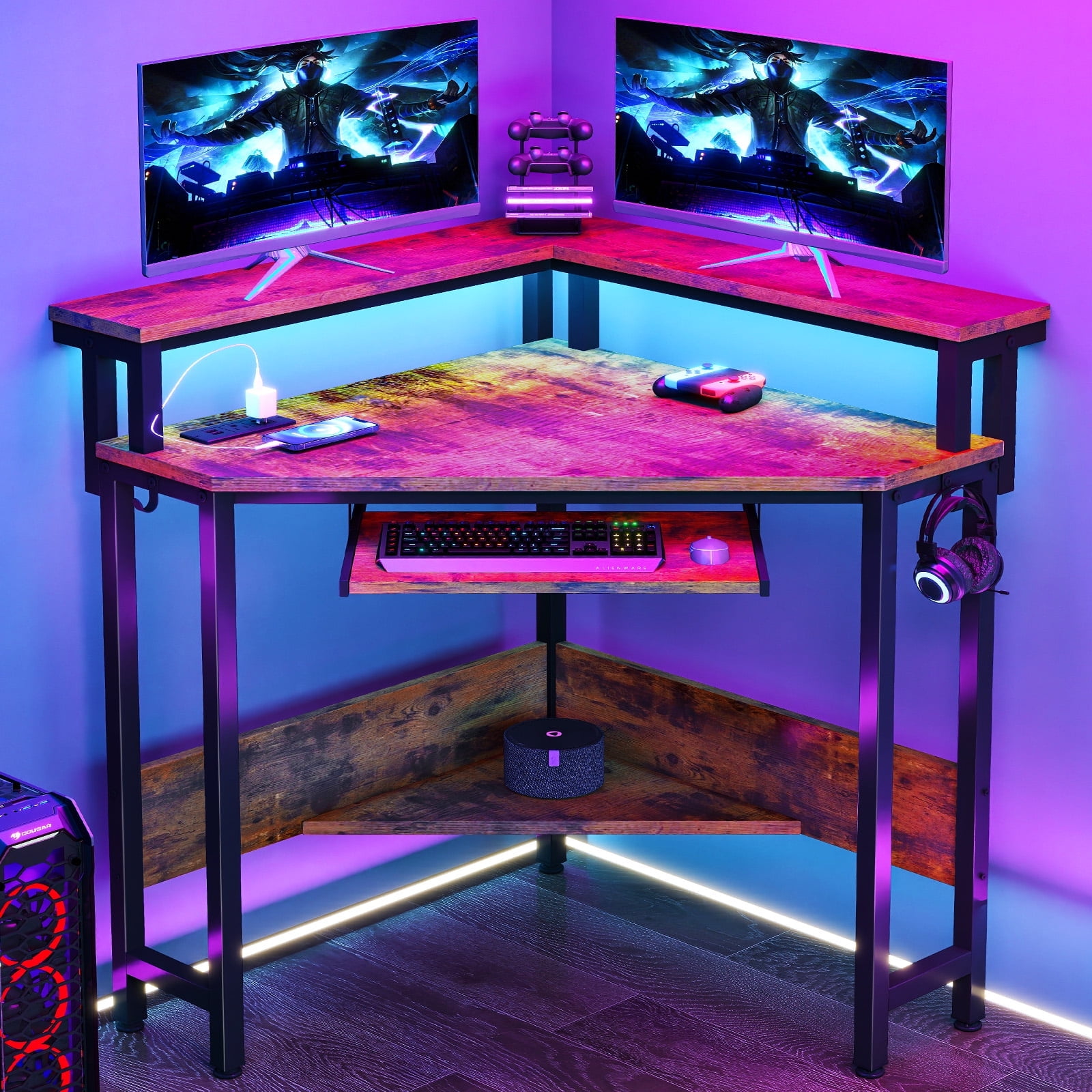 EDX Corner Office Gaming Desk 31 Inches L-Shaped Computer Desk with Charging Hub & Ergonomic Stand for Small Spaces, Rust