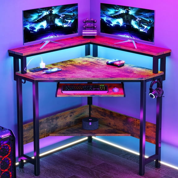 EDX Corner Office Gaming Desk 31 Inches L-Shaped Computer Desk with Charging Hub & Ergonomic Stand for Small Spaces, Rust