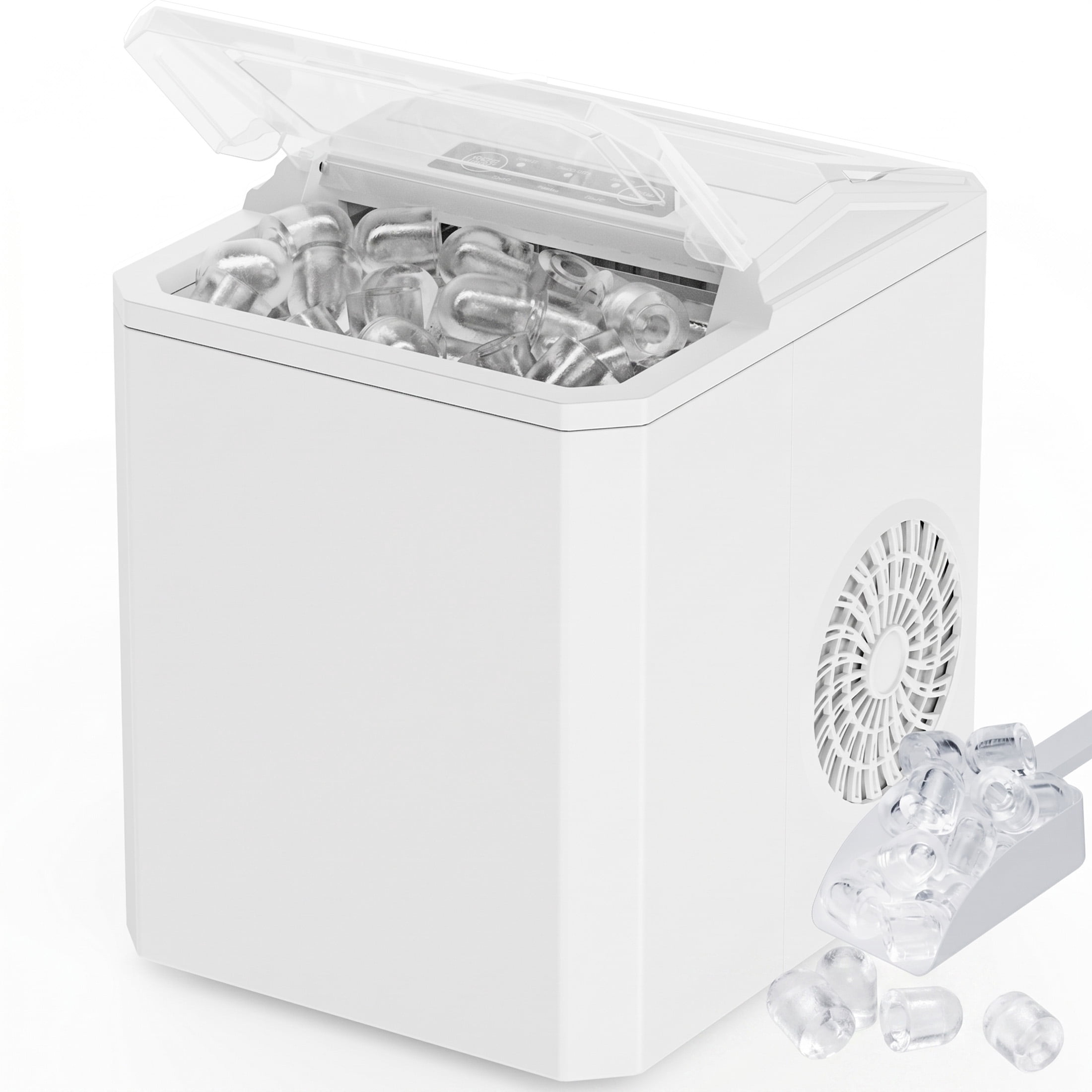 EDX Countertop Ice Maker, 26 lbs in 24 Hrs, 9 Ice Cubes Ready in 6 Mins, Self-Cleaning, with Basket & Scoop, For Home, Camping, White