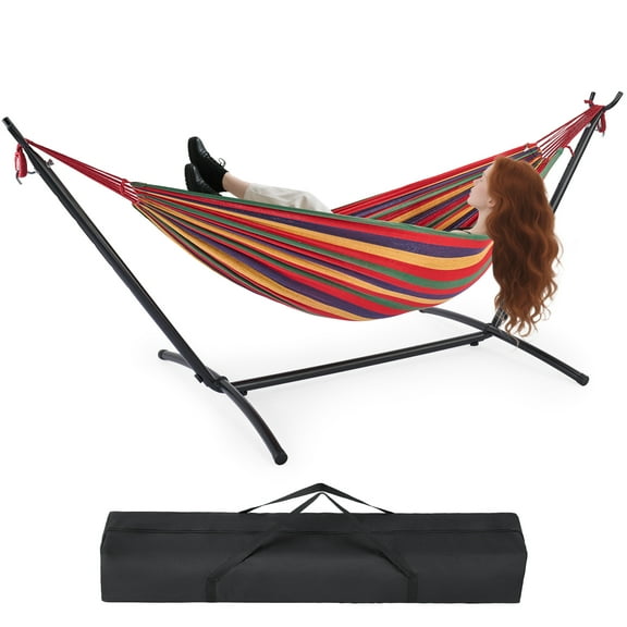 EDX Double Hammock with Space Saving Steel Stand, 2 Person Heavy Duty Outdoor 450lb Capacity Standing Hammocks, Upgraded Polyester End Strings, Portable Carrying Bag Included, Colorful Stripes