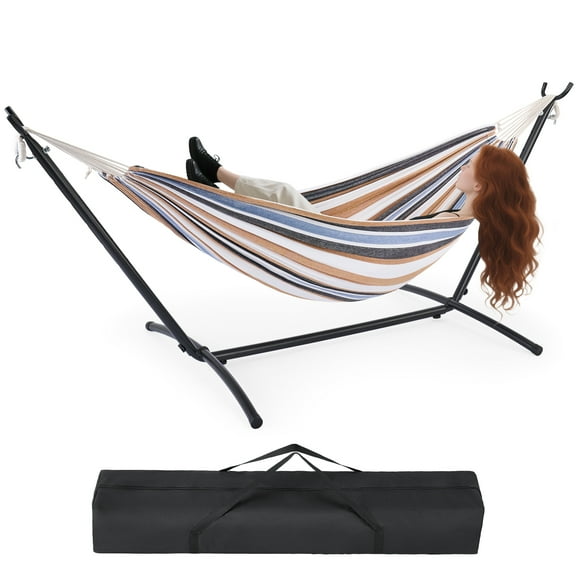 EDX Double Hammock with Space Saving Steel Stand, 2 Person Heavy Duty Outdoor 450lb Capacity Standing Hammocks, Upgraded Polyester End Strings, Portable Carrying Bag Included, Coffee Stripes
