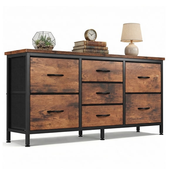 edx 7 Drawer Dresser for Bedroom, 47.2" Fabric Drawers with Wood Top Metal Frame, Storage Organizer for Closet, Hallway & Living Room, Rustic Brown