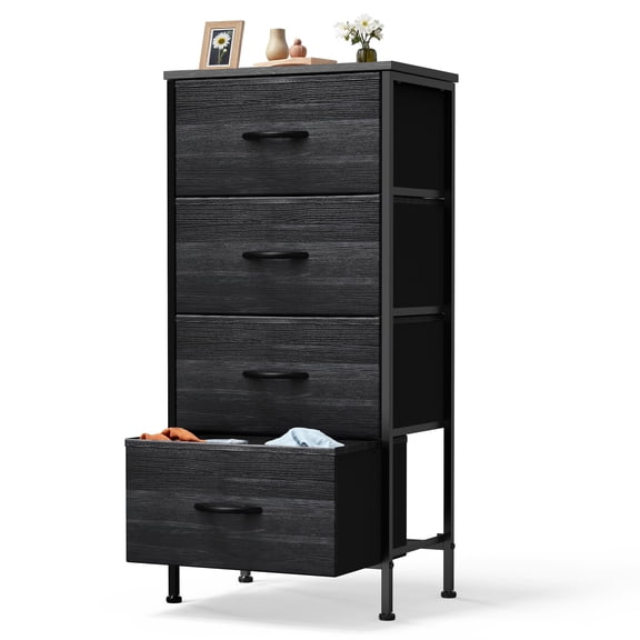 edx 4 Drawers Fabric Dresser for Bedroom, Storage Organizer, Wide Chest of Drawers for Closet, Clothes, TV Stand, Wood Board, WoodBlack