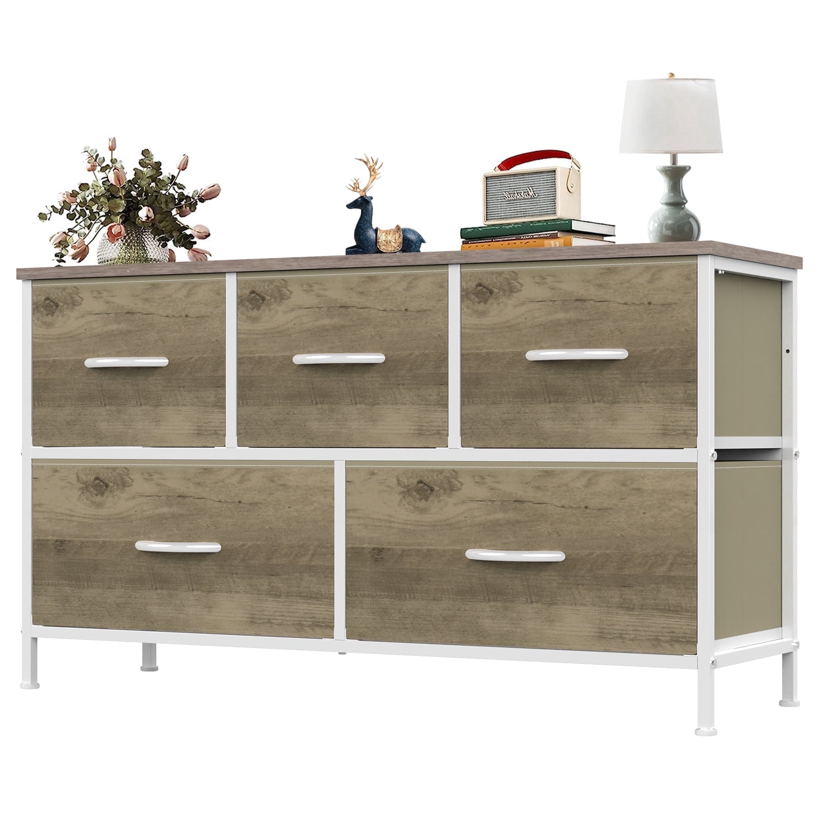 edx 5 Drawers Fabric Dresser for Bedroom, Storage Organizer, Wide Chest of Drawers for Closet, Clothes, TV Stand, Wood Board, Oak