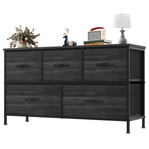 edx 5 Drawers Fabric Dresser for Bedroom, Storage Organizer, Wide Chest of Drawers for Closet, Clothes, TV Stand, Wood Board, WoodBlack