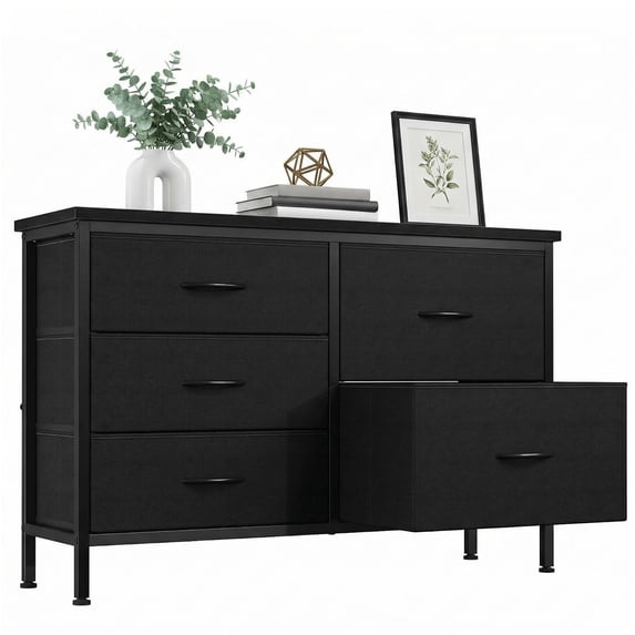 edx 5 Drawer Dresser for Bedroom, 39.4" Fabric Chest of Drawers with Wood Top Metal Frame, Storage Organizer for Closet, Hallway & Living Room, Black
