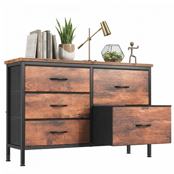 edx 5 Drawer Dresser for Bedroom, 39.4" Fabric Chest of Drawers with Wooden Top, Storage Organizer for Closet, Hallway & Living Room, Rustic Brown