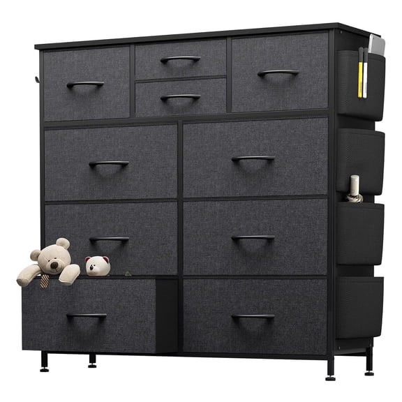 edx Dresser Storage with 10 Drawers, Fabric Dresser Tower with Side Bag, Storage Unit for Bedroom, Closet, Office, Gray