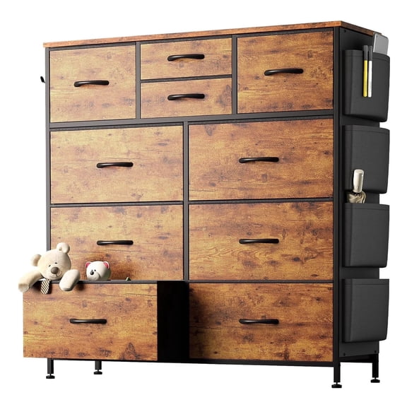 edx Dresser Storage with 10 Drawers, Fabric Dresser Tower with Side Bag, Storage Unit for Bedroom, Closet, Office, Rustic Brown