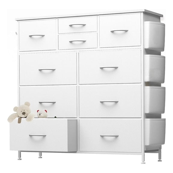 edx Dresser Storage with 10 Drawers, Fabric Dresser Tower with Side Bag, Storage Unit for Bedroom, Closet, Office, White