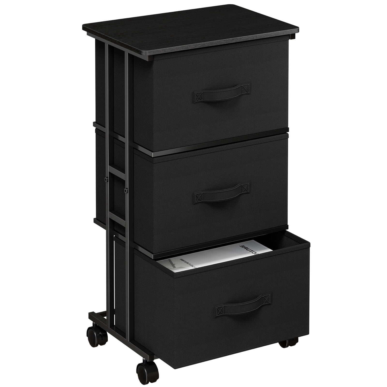 edx Rolling Nightstand with Wheels, 3 Drawer Fabric Storage for Bedroom, Entryway, Closets, Office, Black