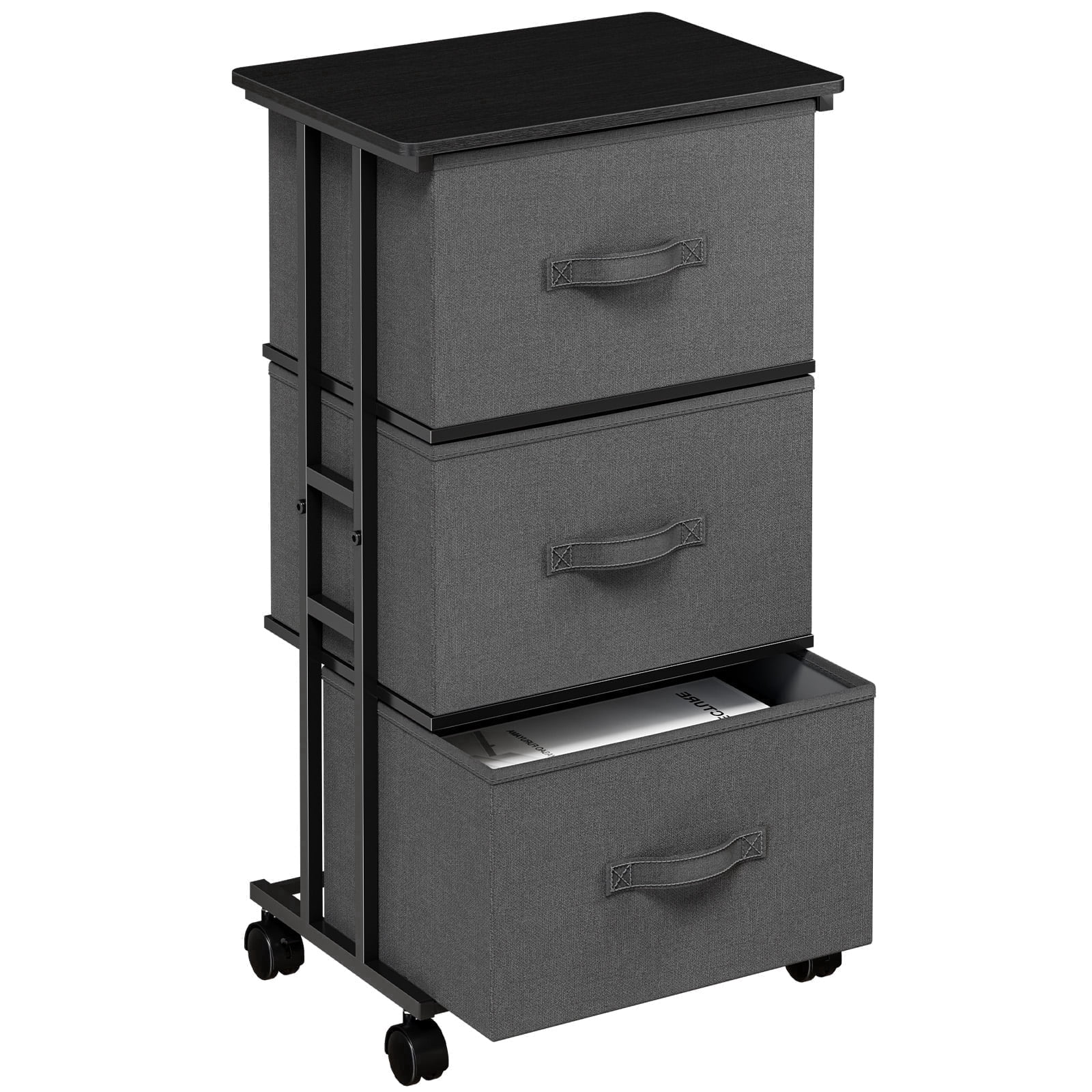 edx Rolling Nightstand with Wheels, 3 Drawer Fabric Storage for Bedroom, Entryway, Closets, Office, Gray