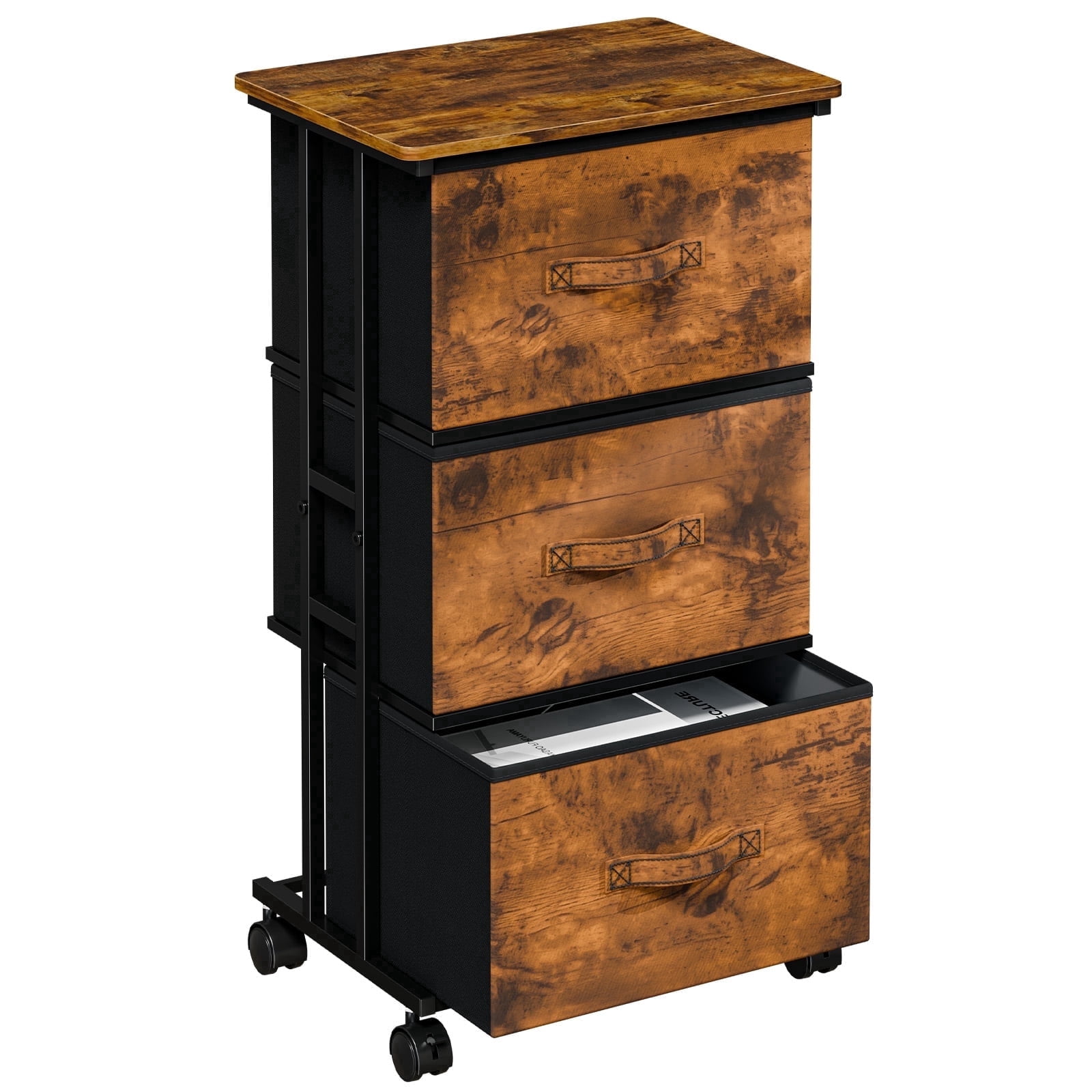 edx Rolling Nightstand with Wheels, 3 Drawer Fabric Storage for Bedroom, Entryway, Closets, Office, Rust Brown