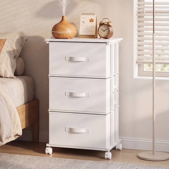 edx Rolling Nightstand with Wheels, 3 Drawer Fabric Storage for Bedroom, Entryway, Closets, Office, White