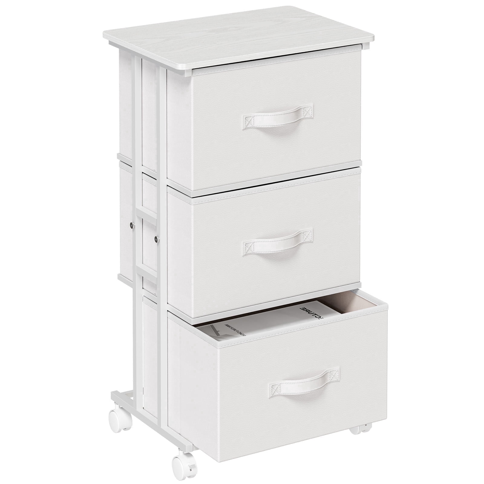 edx Rolling Nightstand with Wheels, 3 Drawer Fabric Storage for Bedroom, Entryway, Closets, Office, White