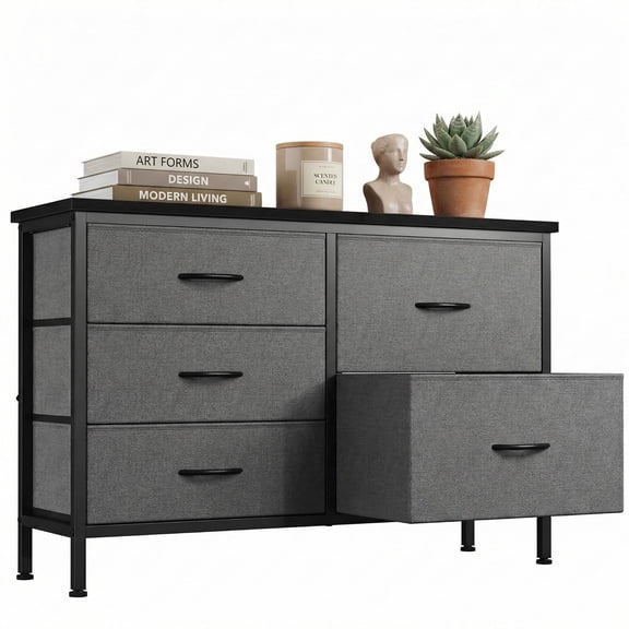 edx 5 Drawer Dresser for Bedroom, 39.4" Fabric Chest of Drawers with Wooden Top Metal Frame, Storage Organizer for Closet, Hallway & Living Room, Gray