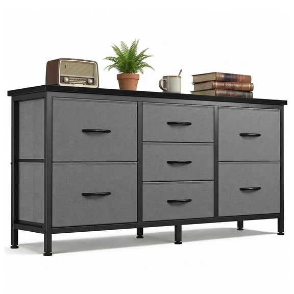 edx 7 Drawer Dresser for Bedroom, 47.2" Fabric Drawers with Wood Top Metal Frame, Wide Storage Organizer for Closet, Hallway & Living Room, Gray
