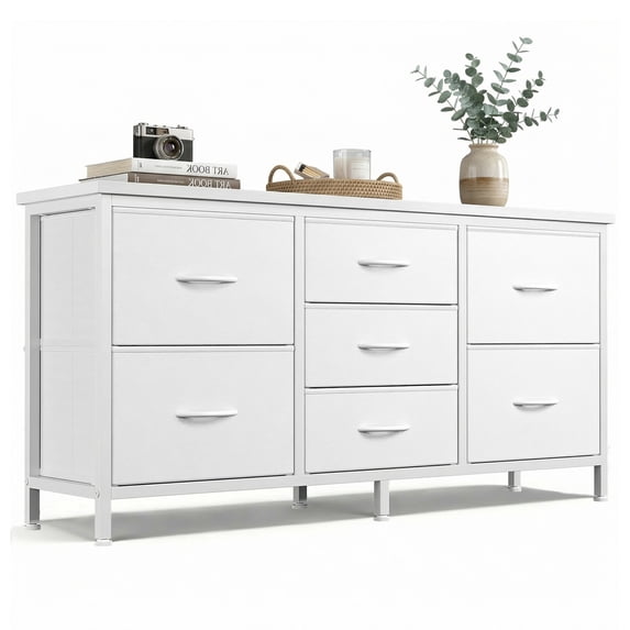 edx 7 Drawer Dresser for Bedroom, 47.2" Fabric Drawers with Wood Top Metal Frame, Wide Storage Organizer for Closet, Hallway & Living Room, White