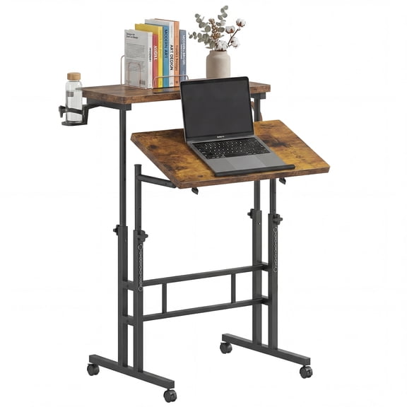 EDX Standing Desk with Wheels, Dual Desktop Height Adjustable Desk, Treadmill Desk for Walking Pad, Mobile Computer Table with Cup Holder for Home Office Bedroom Living Room, Rustic Brown