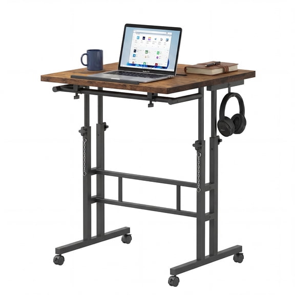 Edx Dual Desktop Height Adjustable Rolling Desk with Wheels, Treadmill Desk for Walking Pad, Mobile Computer Table with Cup Holder for Home Office Bedroom Living Room, Rustic Brown