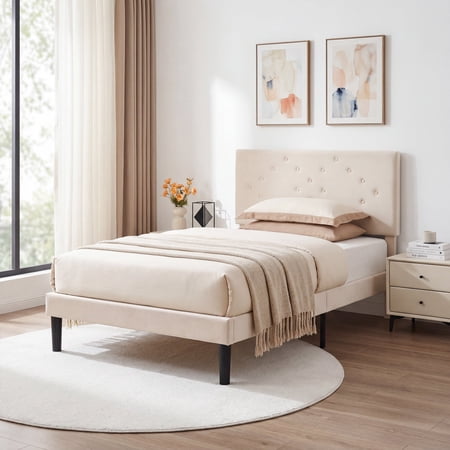 edx Upholstered Full Bed Frame with Height-Adjustable Headboard and Crystal Buckle Accents, Beige