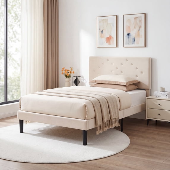 edx Upholstered Full Bed Frame with Height-Adjustable Headboard and Crystal Buckle Accents, Beige