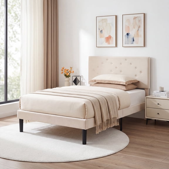 edx Upholstered Full Bed Frame with Height-Adjustable Headboard and Crystal Buckle Accents, Beige
