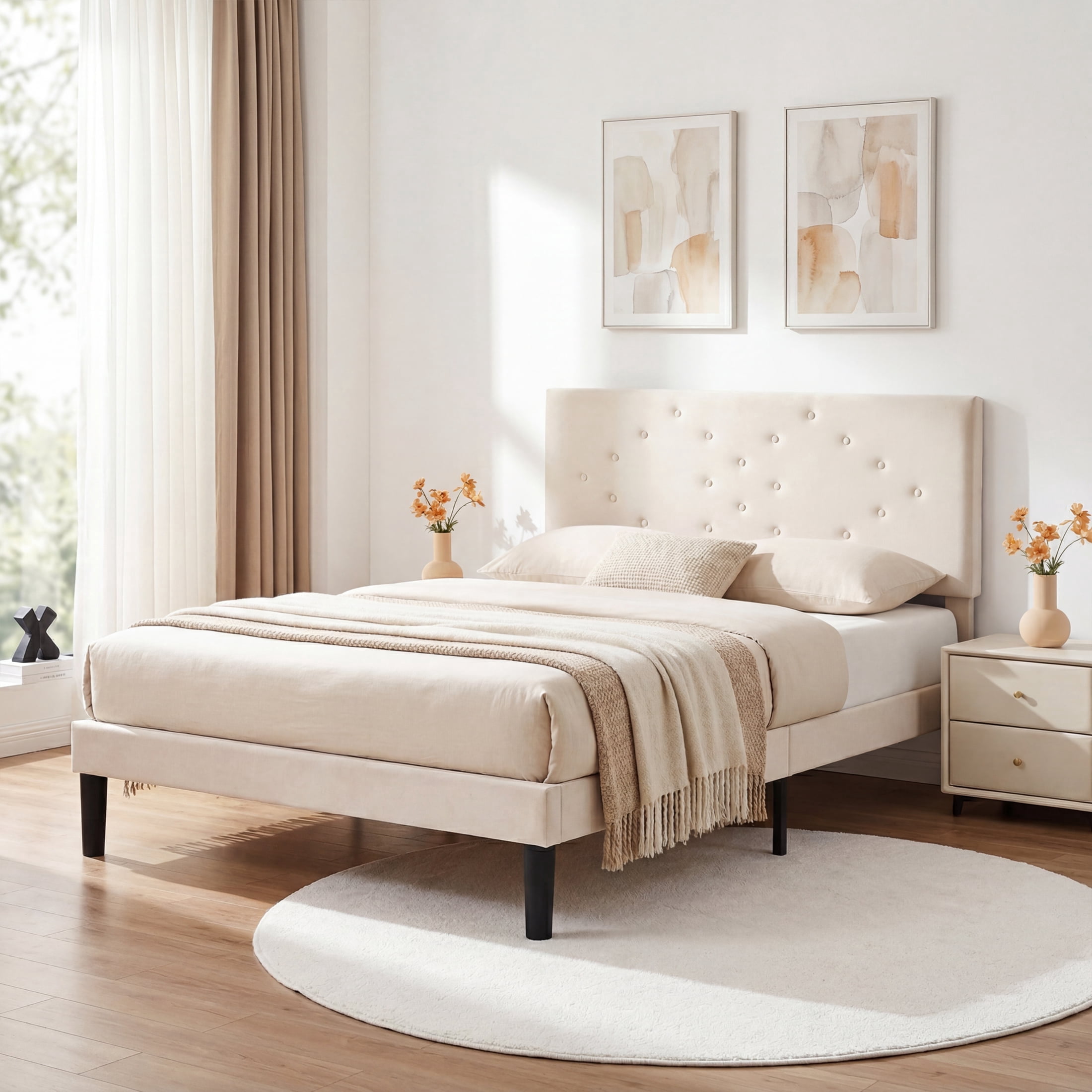 edx Upholstered Queen Bed Frame with Height-Adjustable Headboard and Crystal Buckle Accents, Beige