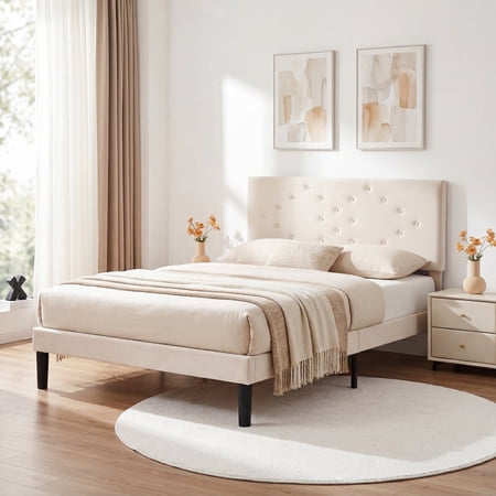 edx Upholstered Queen Bed Frame with Height-Adjustable Headboard and Crystal Buckle Accents, Beige