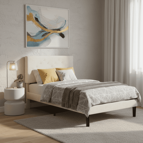 edx Upholstered Twin Bed Frame with Height-Adjustable Headboard and Crystal Buckle Accents, Beige