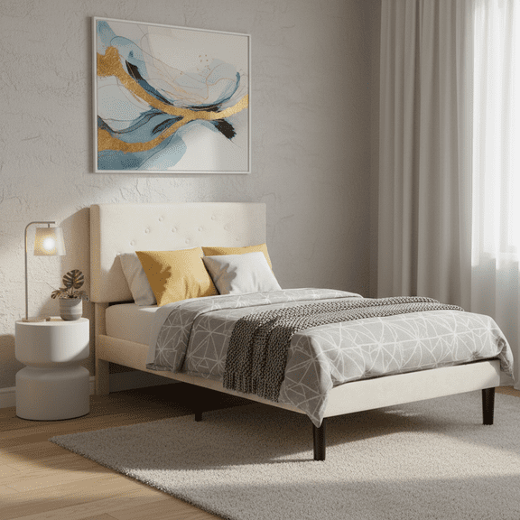 edx Upholstered Twin Bed Frame with Height-Adjustable Headboard and Crystal Buckle Accents, Beige