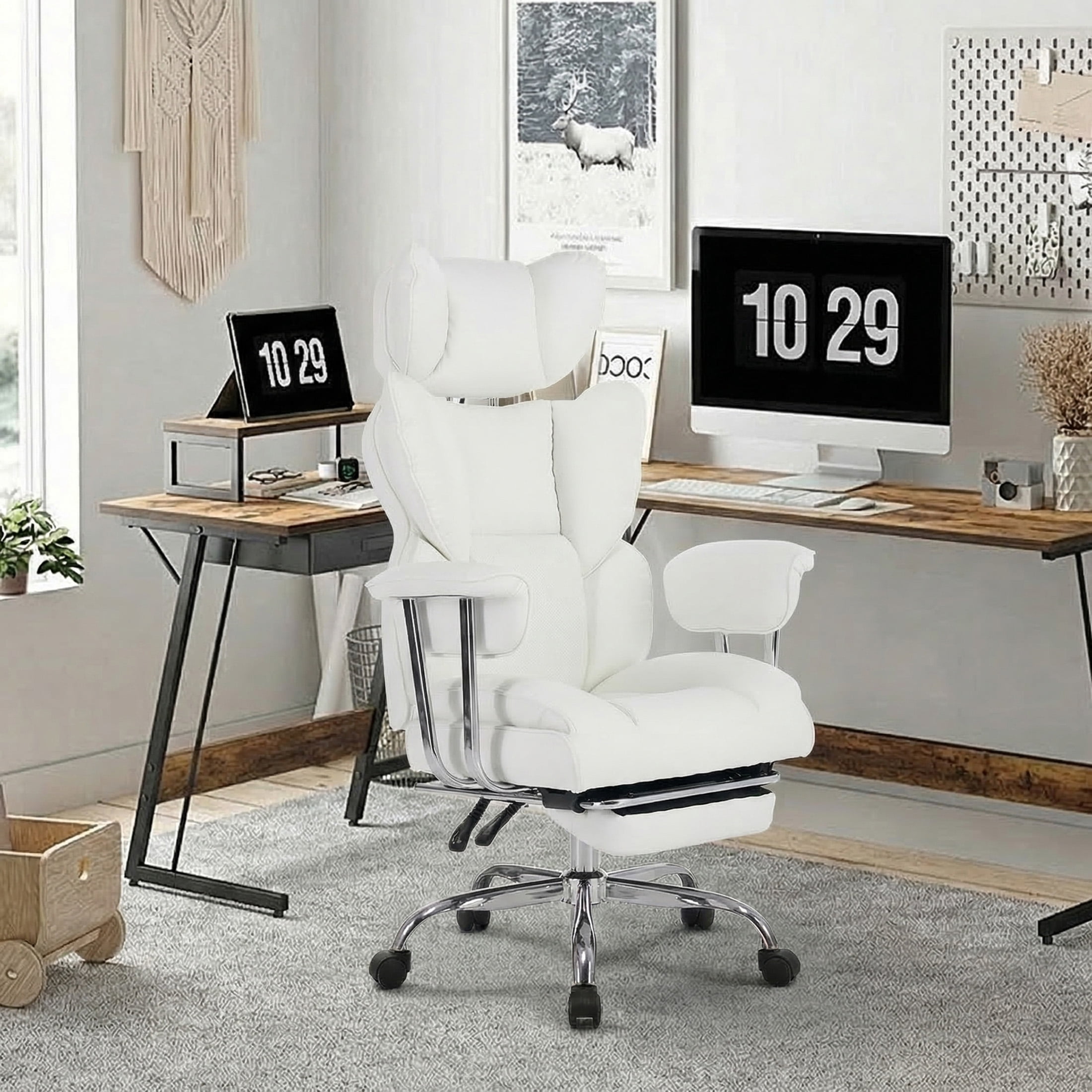 EDX Big and Tall Office Chair, Ergonomic PU Leather Executive Computer Chair with Footrest, Pocket Spring Support, 350 LBS Capacity, For Home Office, Beige