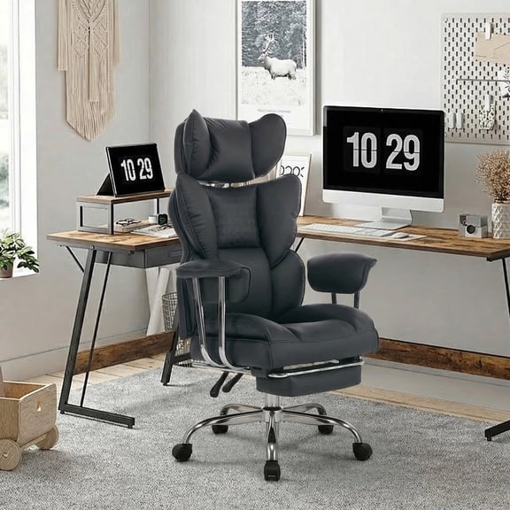 EDX Big and Tall Office Chair, Ergonomic PU Leather Executive Computer Chair with Footrest, Pocket Spring Support, 350 LBS Capacity, For Home Office, Black