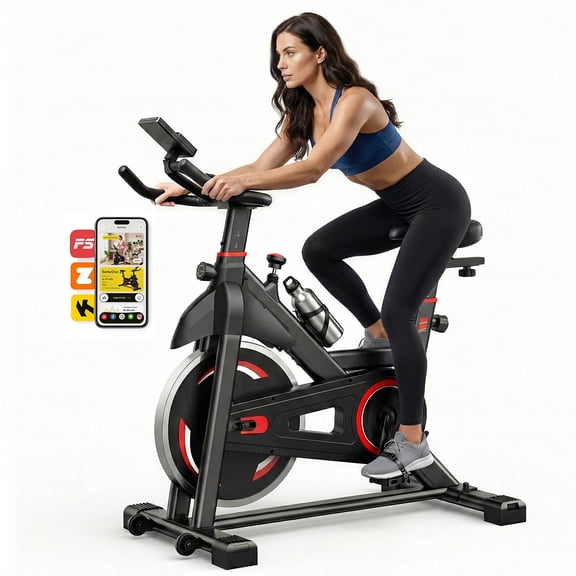 EDX Exercise Bike with LCD Monitor & Infinite Resistance, Adjustable Seat & Handlebar, Bluetooth App Compatible Indoor Cycling Bike for Home Gym, 300 lb Capacity, Red