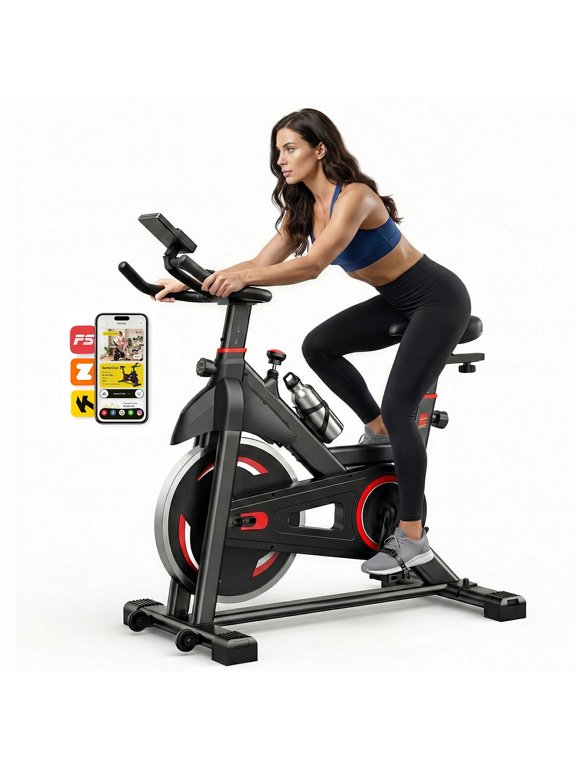 Exercise Bike with LCD Monitor & Infinite Resistance, Adjustable Seat & Handlebar, Bluetooth App Compatible Indoor Cycling Bike for Home Gym, 300 lb Capacity, Red