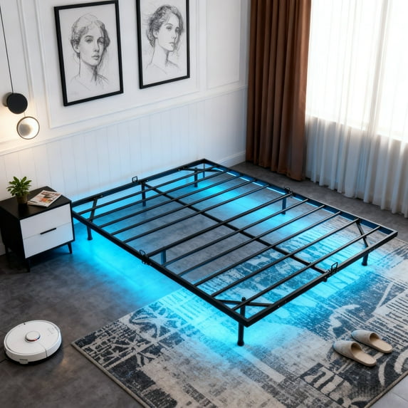 edx King Size Floating Bed Frame, Metal Platform Bed Frame with LED Lights, Charging Station with 2 Outlets & USB Ports, No Box Spring Needed, Anti-Sliding, Noise Free, Easy Assembly, Black