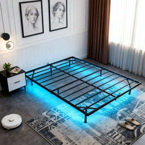 edx Twin Size Floating Bed Frame, Metal Platform Bed Frame with LED Lights, Charging Station with 2 Outlets & USB Ports, No Box Spring Needed, Anti-Sliding, Noise Free, Easy Assembly, Black