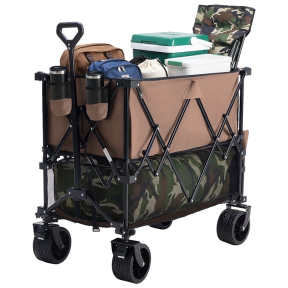 EDX Heavy‑Duty Folding Wagon Cart with 54‑inch Rack, Double‑Decker Collapsible Wagon for Camping and Beach, 440 lbs Capacity, Brown