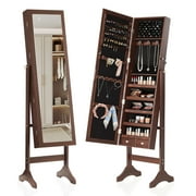 EDX Freestanding Full-Length Mirror Jewelry Cabinet, 3 Angle Adjustable Large Jewelry Armoire Organizer with Makeup Storage, Brown